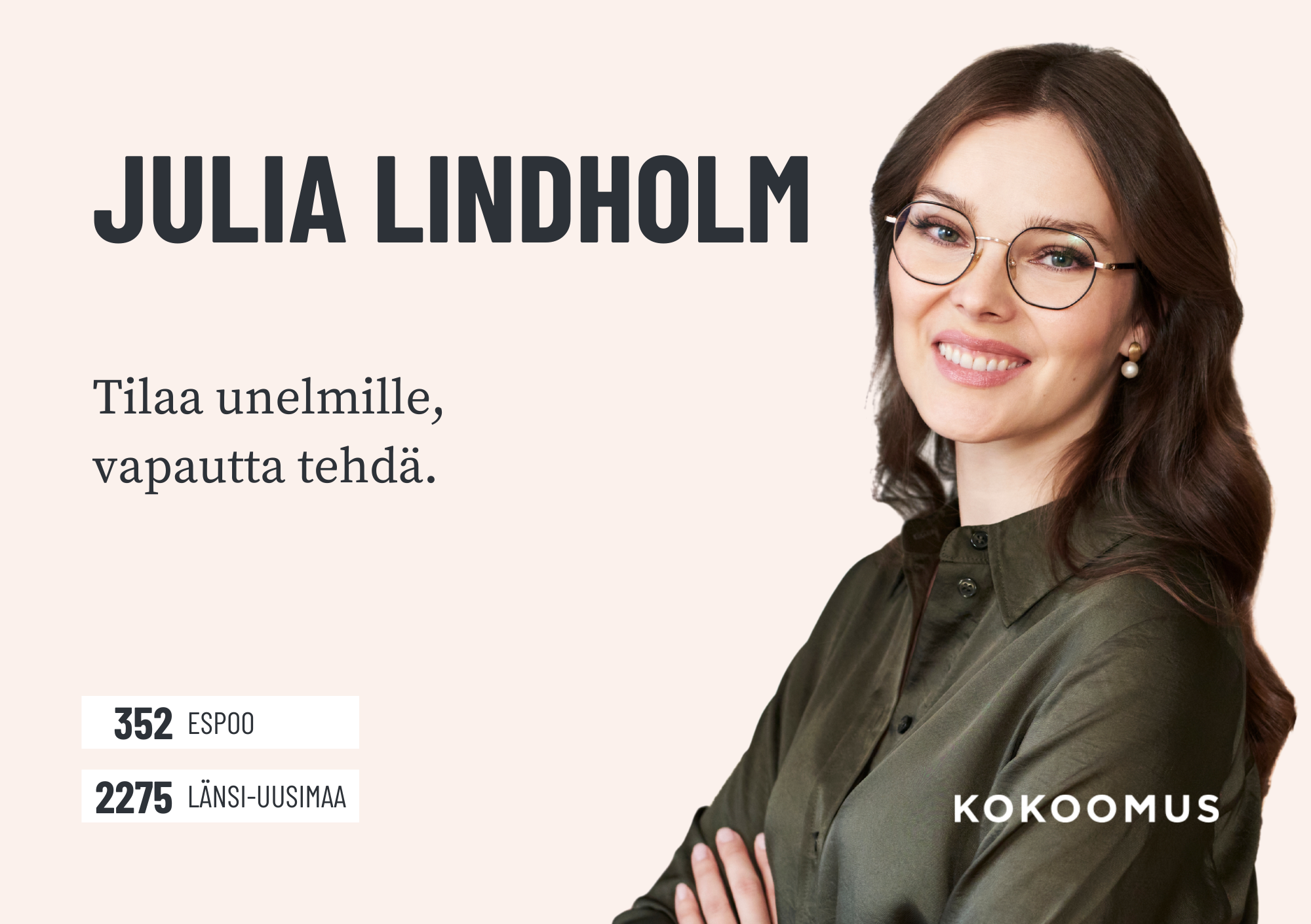 Julia Lindholm 2025 Julia Lindholm ehdolla kuntavaaleissa Espoossa ja aluevaaleissa Länsi-Uudellamaalla 2025.